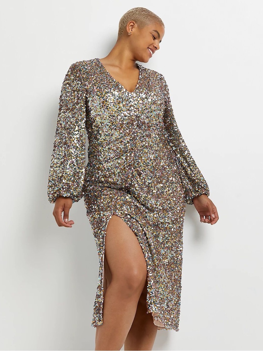 River Island Multicolor Sequin V-Neck Long Sleeve Midi Dress